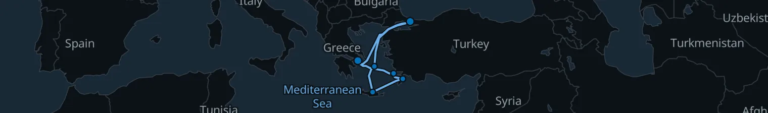 Route map of Sunstone Wake – Athens, Mykonos & Rhodes