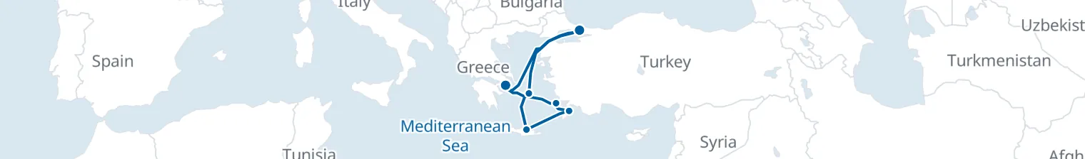Route map of Sunstone Wake – Athens, Mykonos & Rhodes