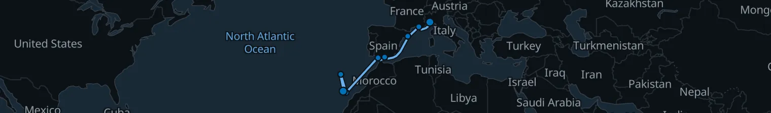 Route map of Sunward Migration – Barcelona, Malaga & Funchal
