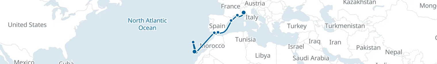 Route map of Sunward Migration – Barcelona, Malaga & Funchal