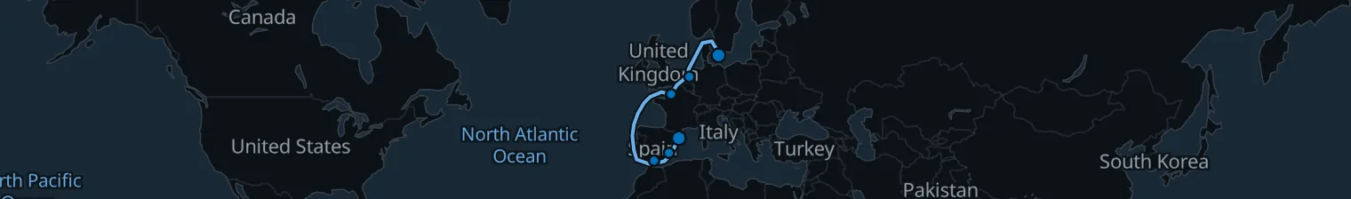 Route map of Nordic Nocturne – Copenhagen to Barcelona