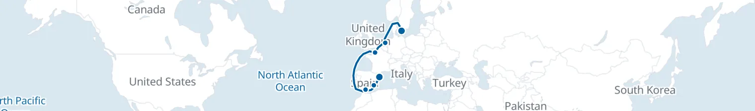 Route map of Nordic Nocturne – Copenhagen to Barcelona