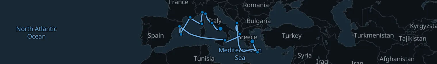 Route map of Cobblestone Odyssey – Corfu, Marseille & Civitavecchia