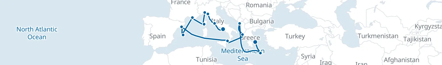 Route map of Cobblestone Odyssey – Corfu, Marseille & Civitavecchia