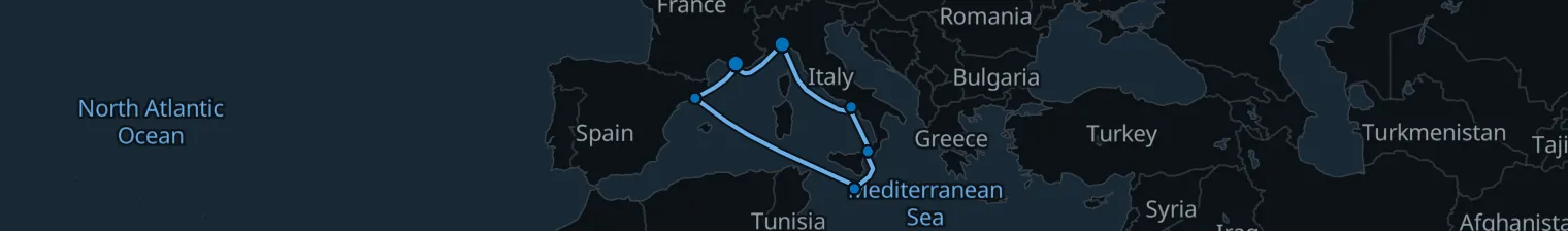 Route map of Mediterranean Mosaic – Naples, Valletta & Barcelona
