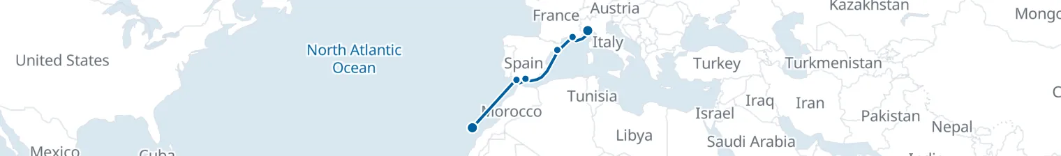 Route map of Sun-Drenched Ramparts – Barcelona, Malaga & Cadiz