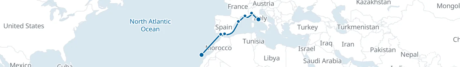 Route map of Sun-Drenched Ramparts – Barcelona, Malaga & Cadiz