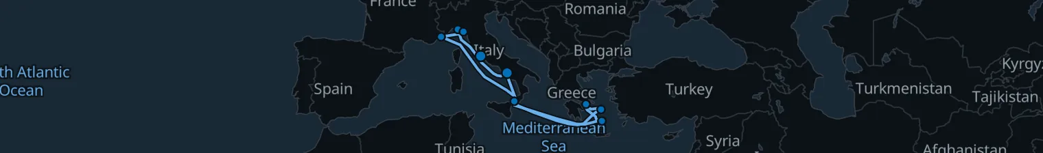 Route map of Marble & Myrrh – Rome to Santorini