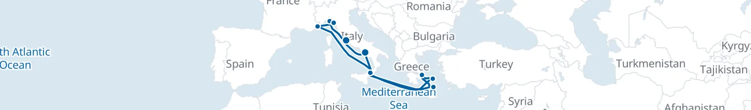 Route map of Marble & Myrrh – Rome to Santorini