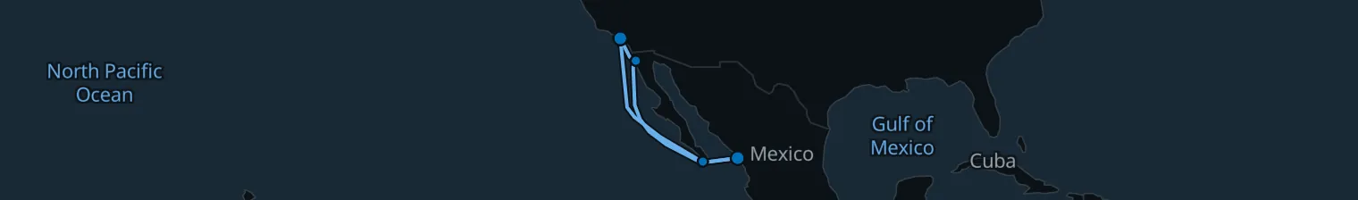 Route map of Pacific Coastal Escape – Ensenada, Cabo & Mazatlán