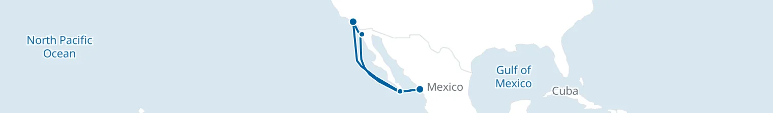 Route map of Pacific Coastal Escape – Ensenada, Cabo & Mazatlán