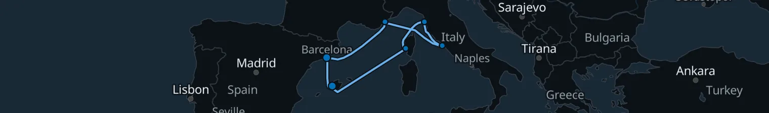 Route map of Mediterranean Tapestry – Barcelona & Corsica