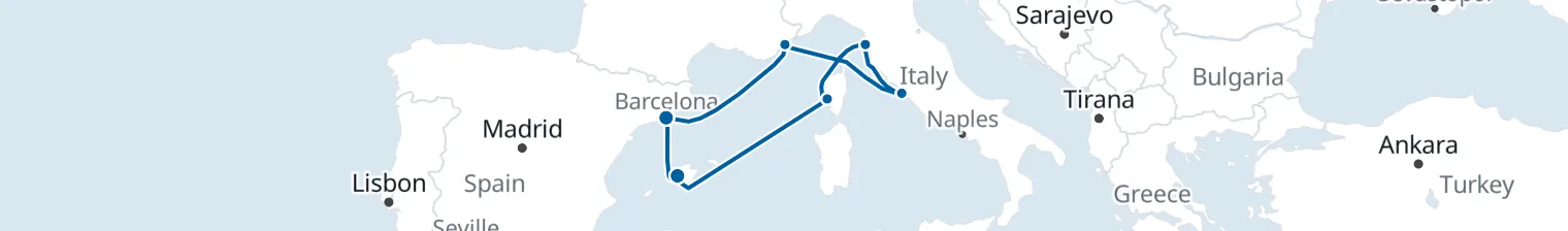 Route map of Mediterranean Tapestry – Barcelona & Corsica