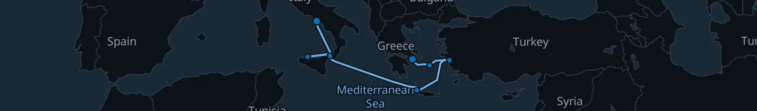 Route map of Cobblestone & Colossus – Palermo, Mykonos & Ephesus
