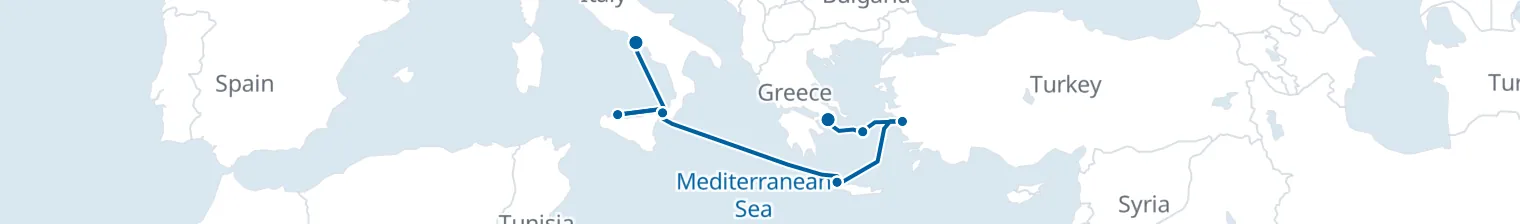 Route map of Cobblestone & Colossus – Palermo, Mykonos & Ephesus