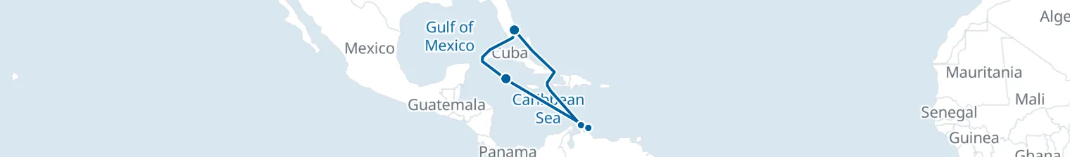 Route map of Tropical Escape – Aruba & Cayman