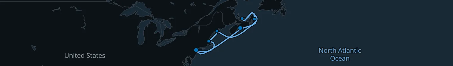 Route map of 11 nights - New England and Canada - from/to Bayonne
