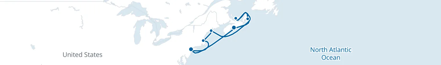 Route map of 11 nights - New England and Canada - from/to Bayonne