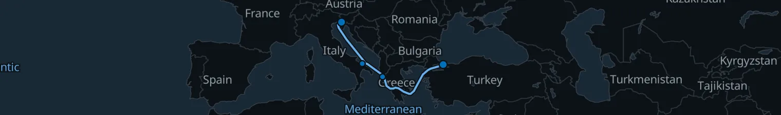 Route map of Minaret to Campanile – Corfu & Bari to Trieste