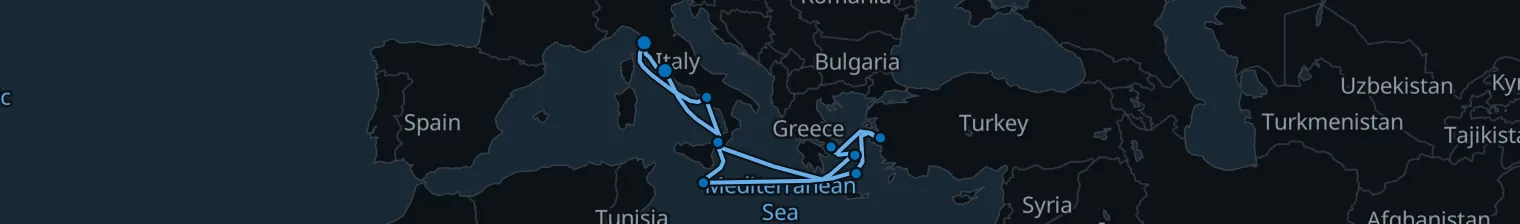 Route map of Sail of Antiquities – Aegean & Tyrrhenian