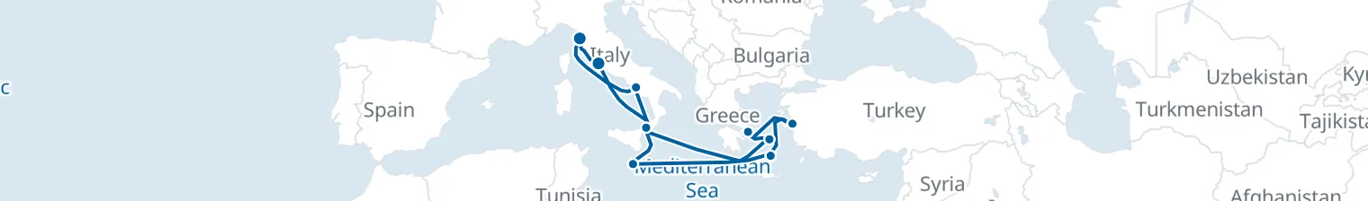 Route map of Sail of Antiquities – Aegean & Tyrrhenian