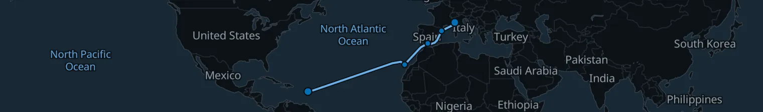 Route map of Trade Wind Wake – Barcelona to Guadeloupe
