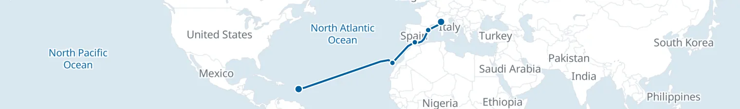 Route map of Trade Wind Wake – Barcelona to Guadeloupe