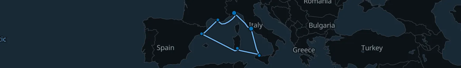 Route map of Golden Ochre – Barcelona, Palermo & Rome