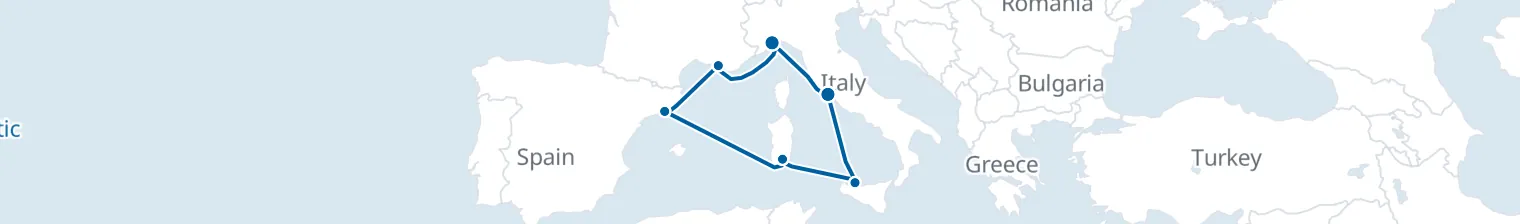 Route map of Golden Ochre – Barcelona, Palermo & Rome
