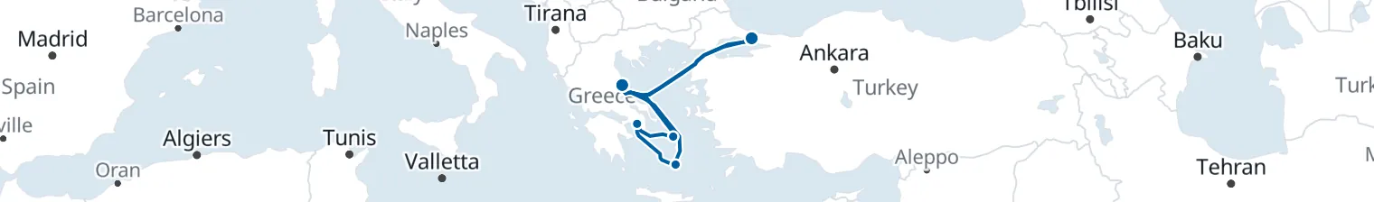 Route map of Marble & Mykonos – Aegean’s Crown