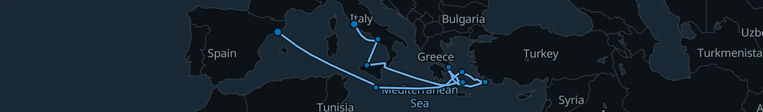 Route map of Tiber’s End & Aegean Maze – Rome to Barcelona