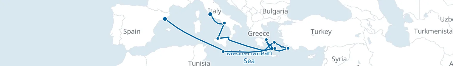 Route map of Tiber’s End & Aegean Maze – Rome to Barcelona