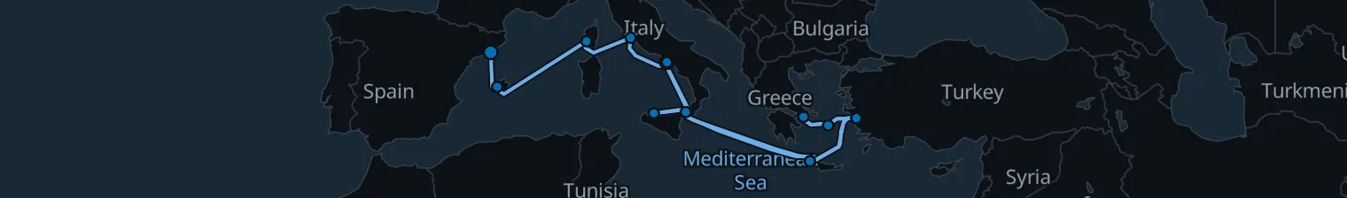 Route map of Sunken Pillars & Salt Air – Athens, Ephesus & Rome