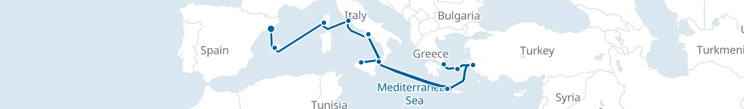 Route map of Sunken Pillars & Salt Air – Athens, Ephesus & Rome