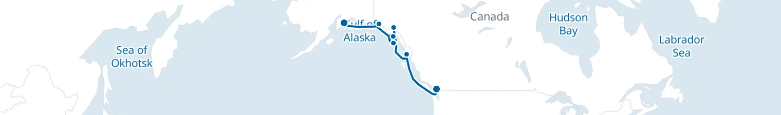 Route map of Tidewater Odyssey – Alaska’s Wild Coast