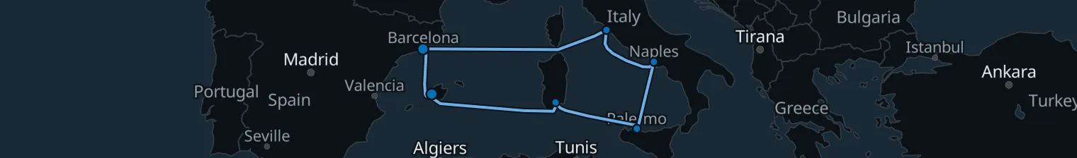 Route map of 9 nights - Italy's Sunny Sides - from/to Palma