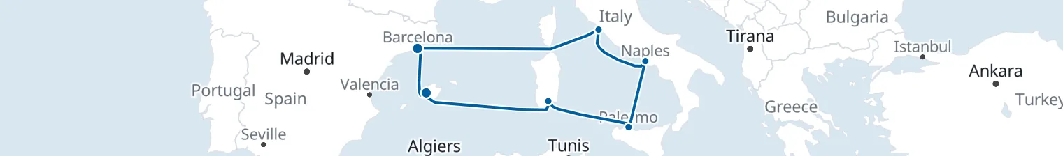 Route map of 9 nights - Italy's Sunny Sides - from/to Palma