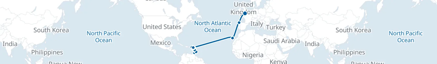 Route map of Tideborn Passage – Caribbean to Canary