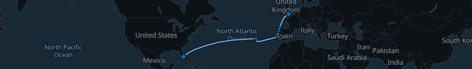 Route map of Azores to Albion – Ponta Delgada & Lisbon