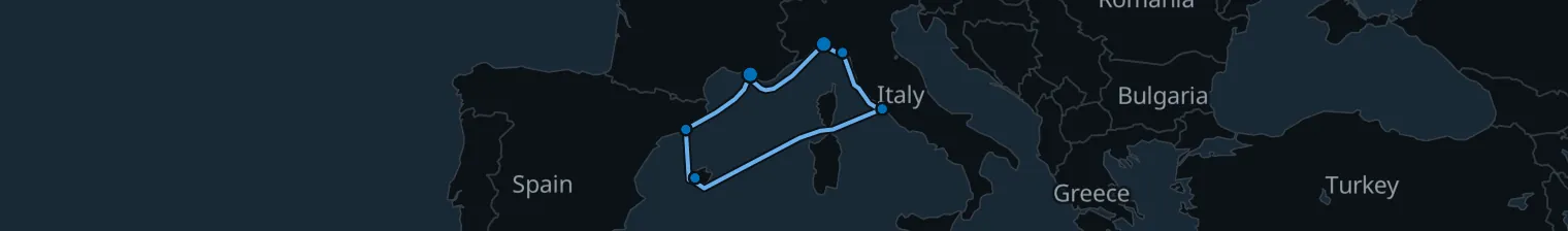 Route map of Salty Echoes – Rome Riviera & Mallorca