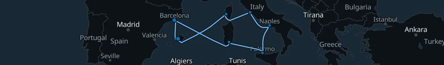 Route map of 10 nights - Italy's Sunny Sides - from/to Palma