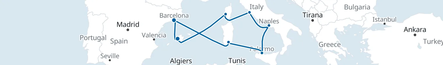 Route map of 10 nights - Italy's Sunny Sides - from/to Palma