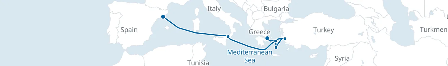 Route map of Saffron & Salt Shores – Aegean to Barcelona