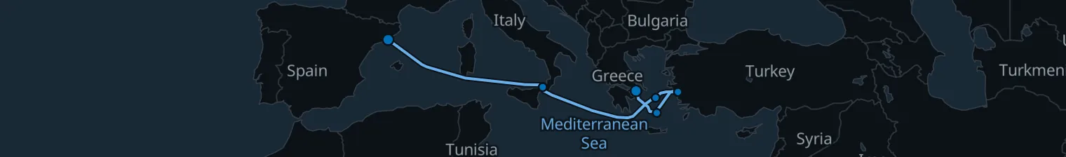 Route map of Ionian Current – Santorini & Kusadasi