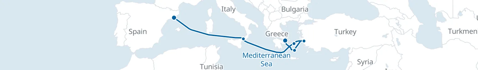 Route map of Ionian Current – Santorini & Kusadasi