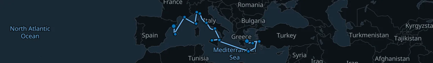 Route map of Sun-Drenched Antiquity – Rome, Ephesus & Athens