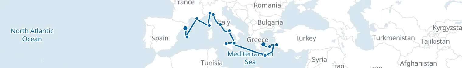 Route map of Sun-Drenched Antiquity – Rome, Ephesus & Athens
