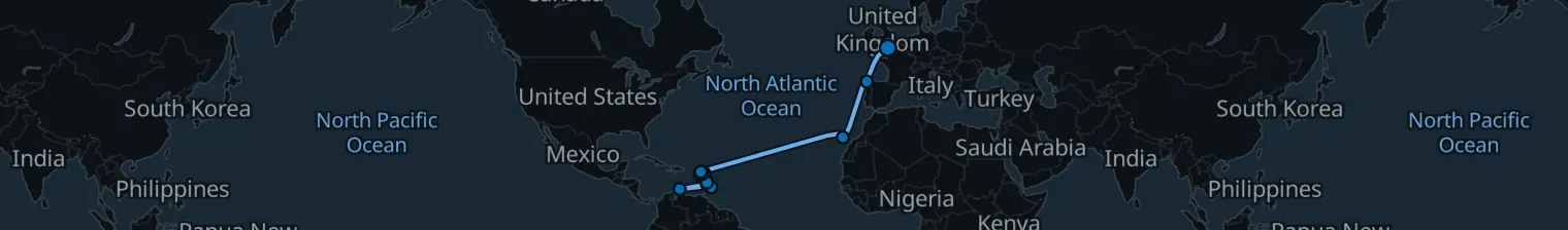 Route map of Sargasso Drift – Caribbean to Canary