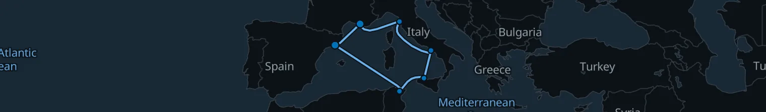 Route map of Shifting Sands & Spires – Tyrrhenian & Provence