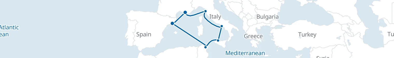 Route map of Shifting Sands & Spires – Tyrrhenian & Provence
